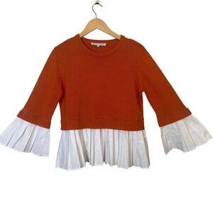 ENGLISH FACTORY Sweater Large Orange‎ Mock Shirt Knit Pleated White Hem Sleeves